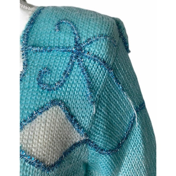 Vintage Charlotte VanHorne Turquoise Blue White Embellished V Neck Sweater Sz L - Picture 6 of 10